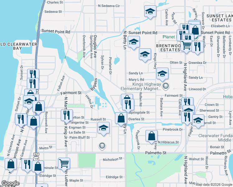 map of restaurants, bars, coffee shops, grocery stores, and more near 1220 Claire Drive in Clearwater