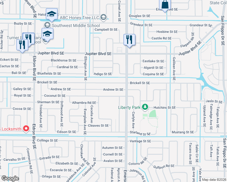 map of restaurants, bars, coffee shops, grocery stores, and more near 790 Andrew Street Southeast in Palm Bay