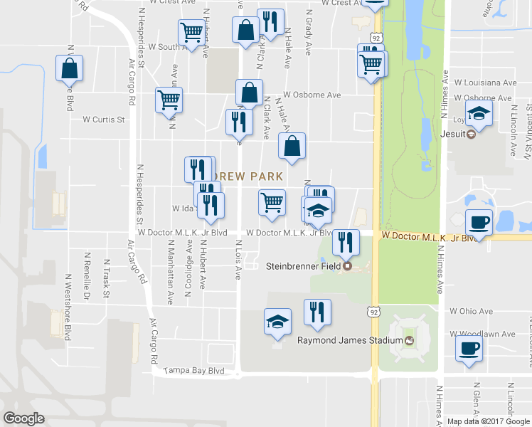 map of restaurants, bars, coffee shops, grocery stores, and more near 4409 North Clark Avenue in Tampa