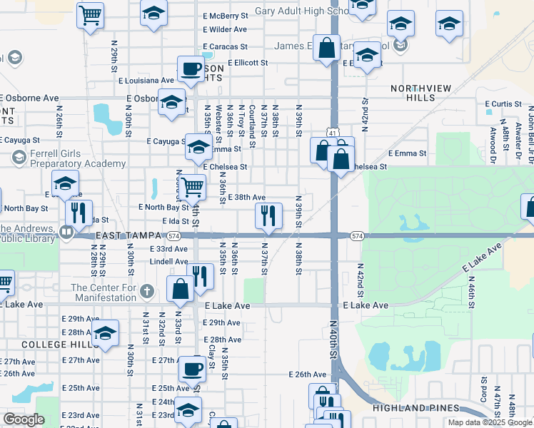 map of restaurants, bars, coffee shops, grocery stores, and more near 3701 East North Bay Street in Tampa