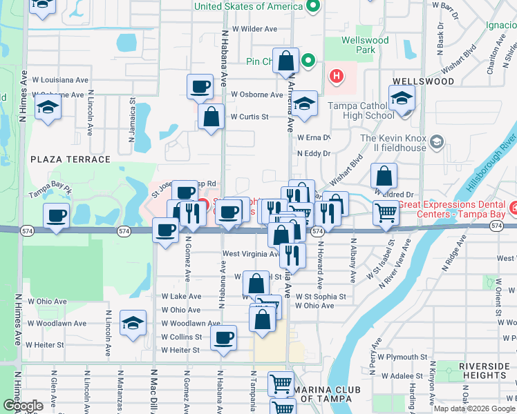 map of restaurants, bars, coffee shops, grocery stores, and more near 4414 North Tampania Avenue in Tampa