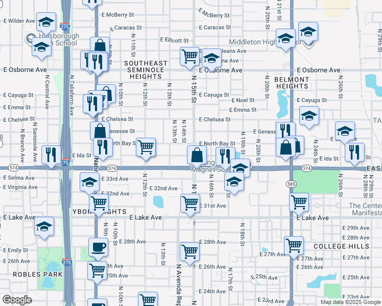 map of restaurants, bars, coffee shops, grocery stores, and more near 4102 North 15th Street in Tampa