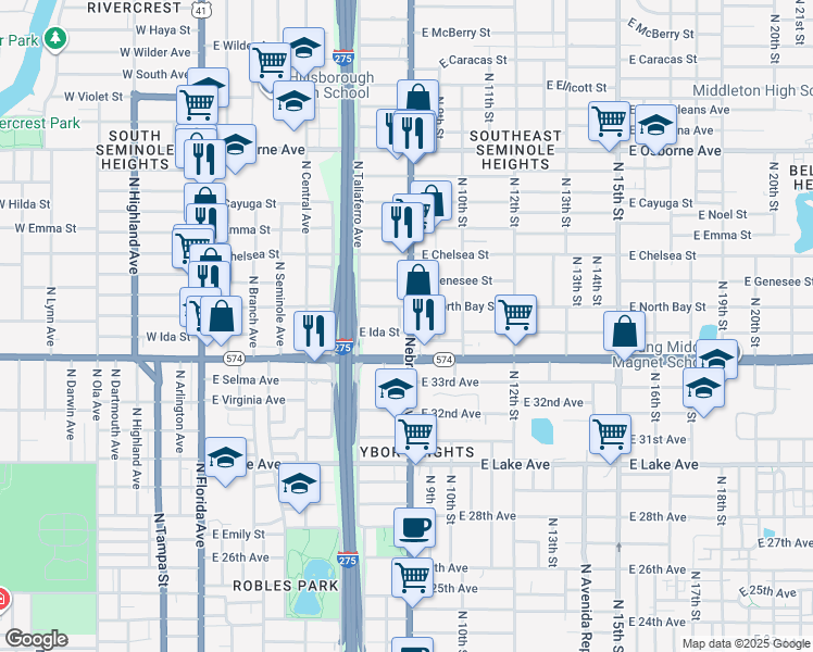 map of restaurants, bars, coffee shops, grocery stores, and more near 812 East Ida Street in Tampa