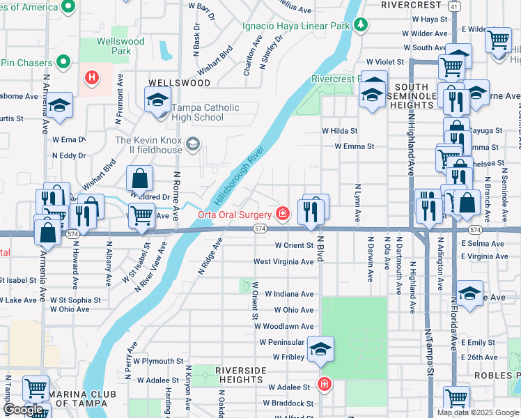 map of restaurants, bars, coffee shops, grocery stores, and more near 4111 North Poplar Avenue in Tampa
