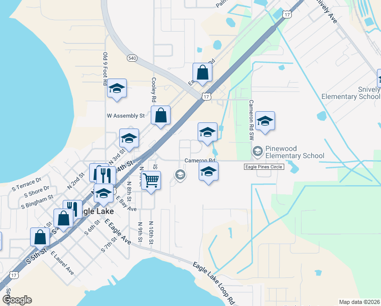 map of restaurants, bars, coffee shops, grocery stores, and more near 2200 Clover Ridge Court in Eagle Lake