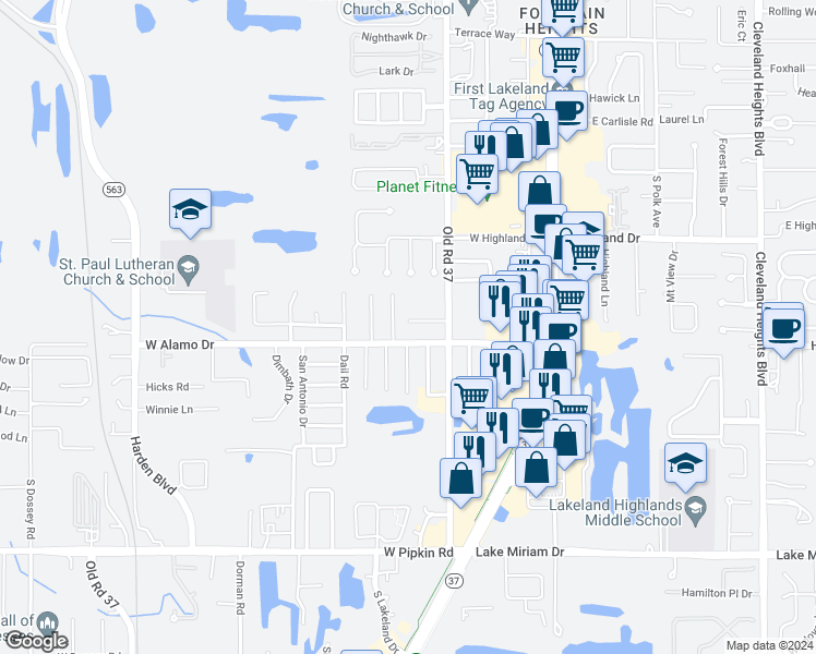map of restaurants, bars, coffee shops, grocery stores, and more near 4544 Holder Court in Lakeland