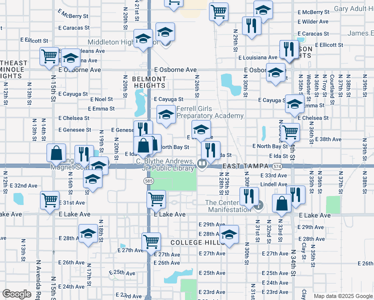 map of restaurants, bars, coffee shops, grocery stores, and more near 4102 North 26th Street in Tampa