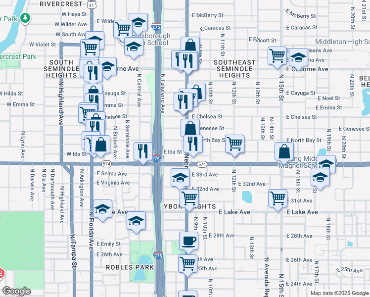 map of restaurants, bars, coffee shops, grocery stores, and more near 812 East Ida Street in Tampa