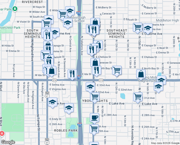 map of restaurants, bars, coffee shops, grocery stores, and more near 812 East Ida Street in Tampa
