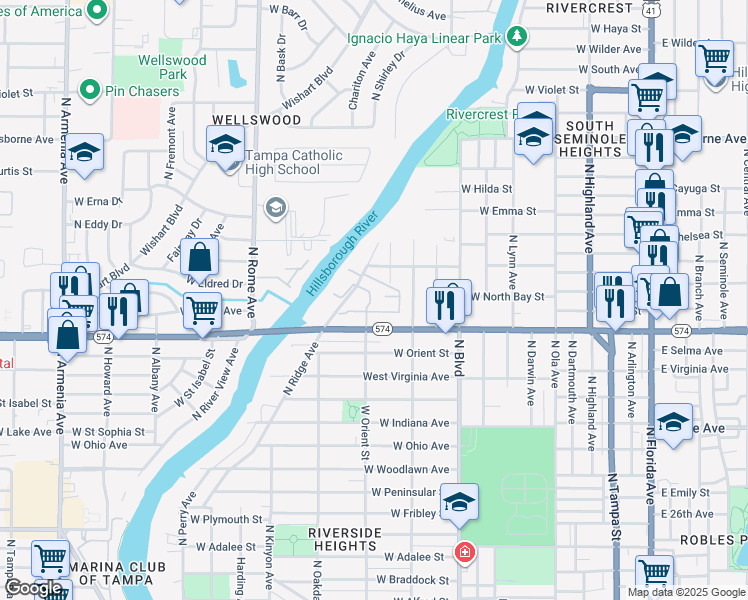 map of restaurants, bars, coffee shops, grocery stores, and more near 4105 North Poplar Avenue in Tampa