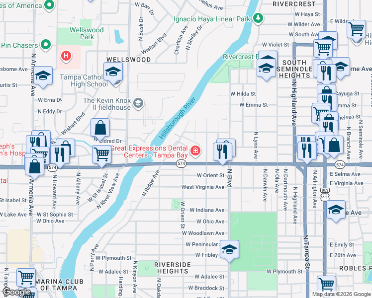 map of restaurants, bars, coffee shops, grocery stores, and more near 4105 North Poplar Avenue in Tampa