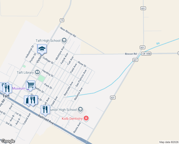 map of restaurants, bars, coffee shops, grocery stores, and more near 744 Retama Avenue in Taft