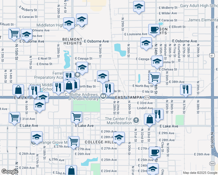 map of restaurants, bars, coffee shops, grocery stores, and more near 4207 North 26th Street in Tampa