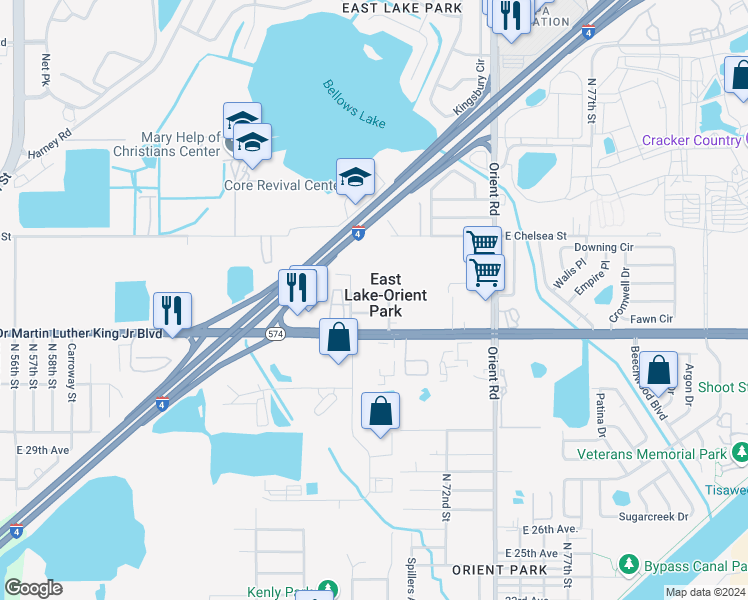 map of restaurants, bars, coffee shops, grocery stores, and more near 6809 East North Bay Street in Tampa