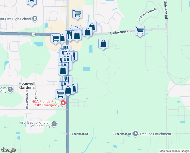 map of restaurants, bars, coffee shops, grocery stores, and more near 2621 Holly Bluff Court in Plant City