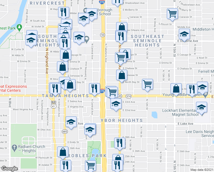 map of restaurants, bars, coffee shops, grocery stores, and more near 4119 North Taliaferro Avenue in Tampa