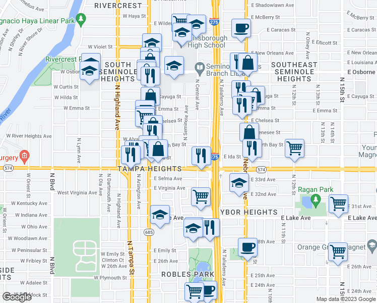 map of restaurants, bars, coffee shops, grocery stores, and more near 4012 North Seminole Avenue in Tampa