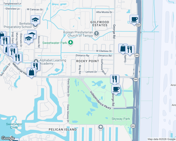 map of restaurants, bars, coffee shops, grocery stores, and more near 5225 Memorial Highway in Tampa
