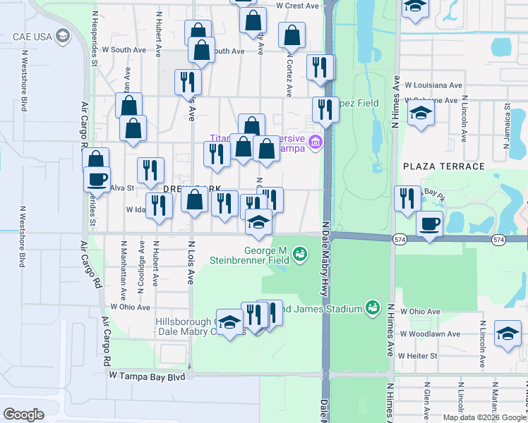 map of restaurants, bars, coffee shops, grocery stores, and more near 4414 North Cortez Avenue in Tampa