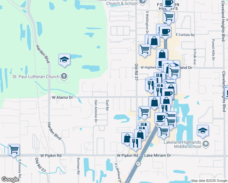 map of restaurants, bars, coffee shops, grocery stores, and more near 4537 Ballentine Court in Lakeland