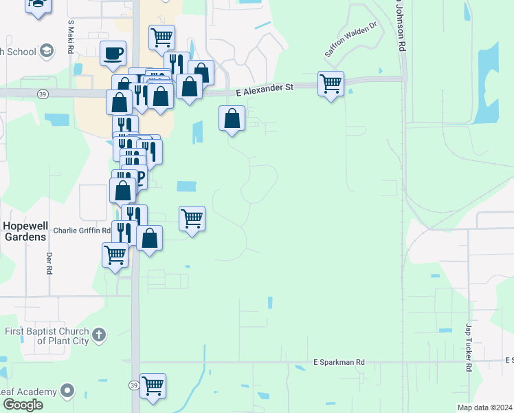 map of restaurants, bars, coffee shops, grocery stores, and more near 2703 Walden Woods Drive in Plant City