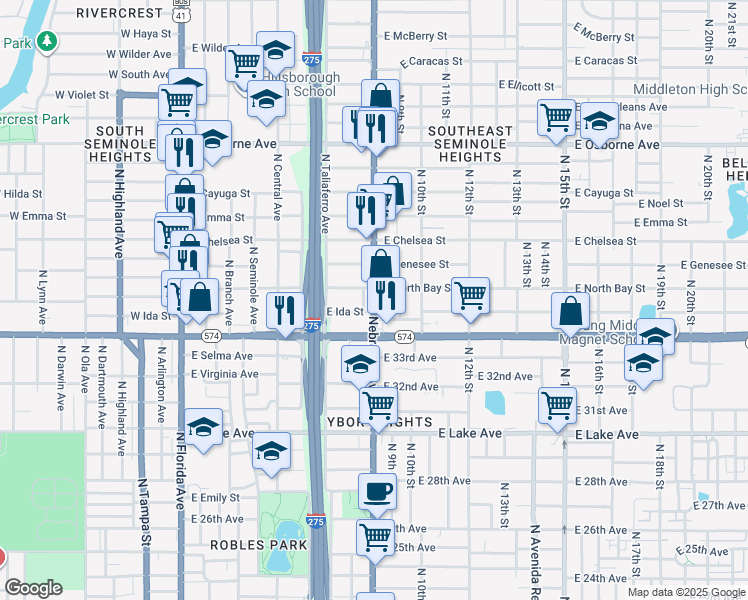 map of restaurants, bars, coffee shops, grocery stores, and more near 902 East Ida Street in Tampa