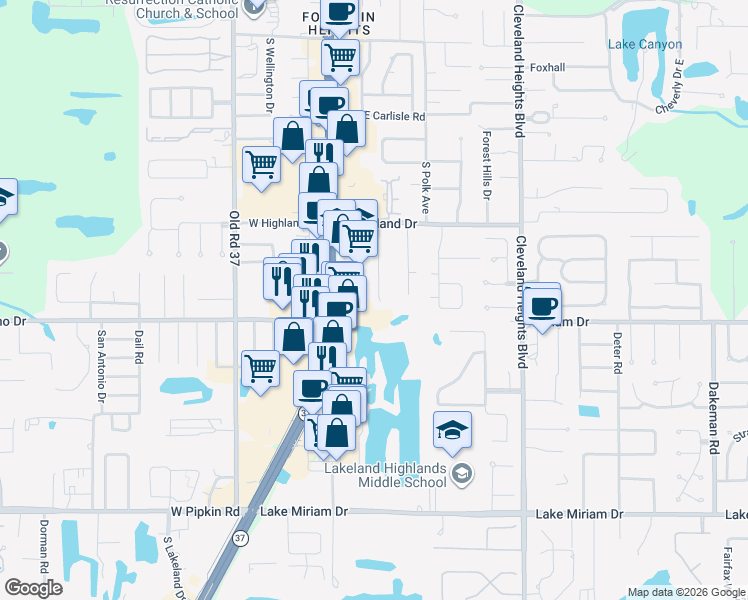 map of restaurants, bars, coffee shops, grocery stores, and more near 4533 Highland Lane in Lakeland