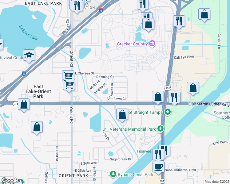 map of restaurants, bars, coffee shops, grocery stores, and more near 8004 Thames Place in Tampa