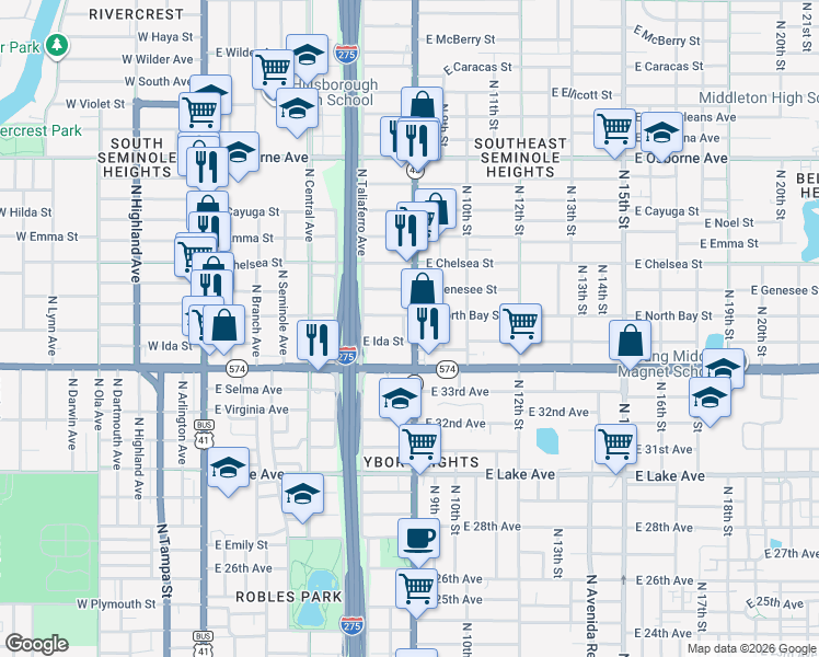 map of restaurants, bars, coffee shops, grocery stores, and more near 812 East Ida Street in Tampa