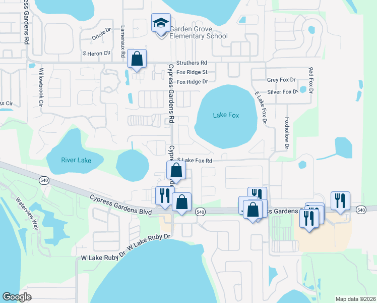 map of restaurants, bars, coffee shops, grocery stores, and more near 5808 Driftwood Drive in Winter Haven
