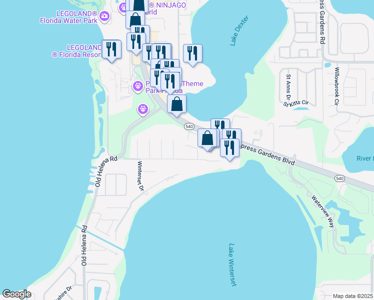 map of restaurants, bars, coffee shops, grocery stores, and more near 2410 Winterset Road in Winter Haven
