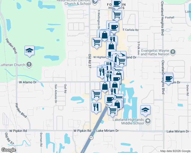 map of restaurants, bars, coffee shops, grocery stores, and more near 323 West Alamo Drive in Lakeland