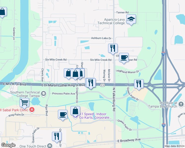 map of restaurants, bars, coffee shops, grocery stores, and more near 4103 Wedgemere Drive in Tampa