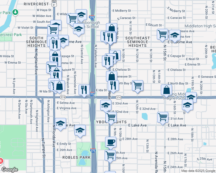map of restaurants, bars, coffee shops, grocery stores, and more near 812 East Ida Street in Tampa