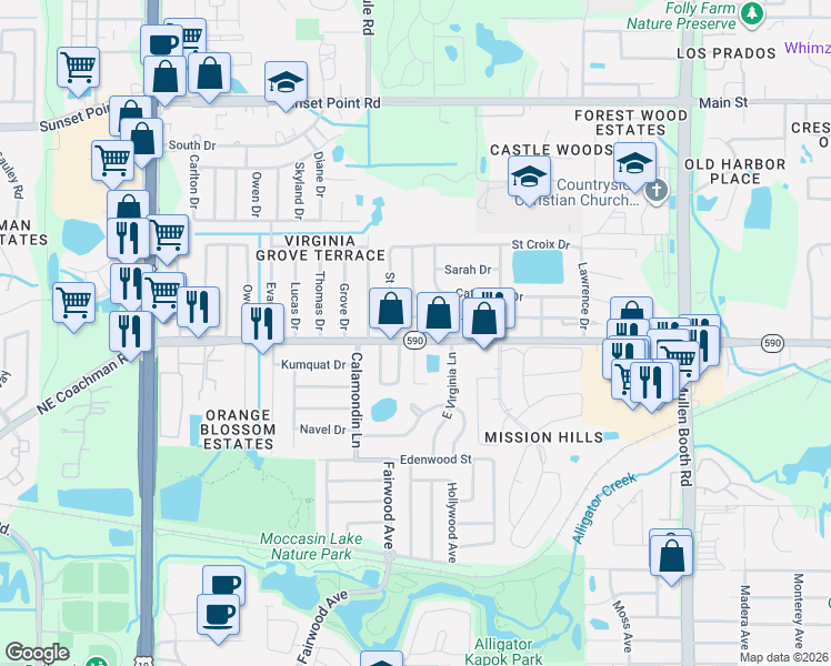 map of restaurants, bars, coffee shops, grocery stores, and more near 2841 Florida 590 in Clearwater