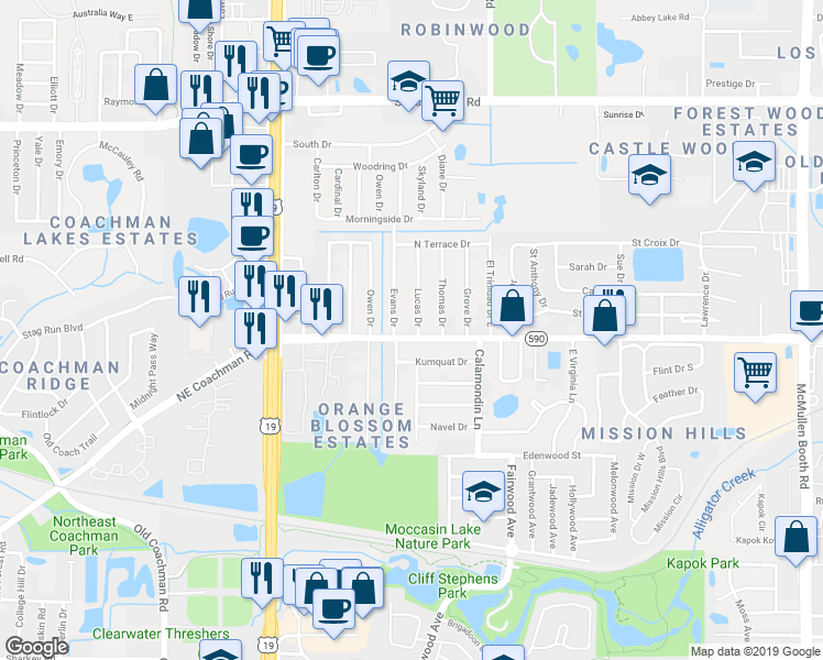 map of restaurants, bars, coffee shops, grocery stores, and more near 2713 West Virginia Lane in Clearwater