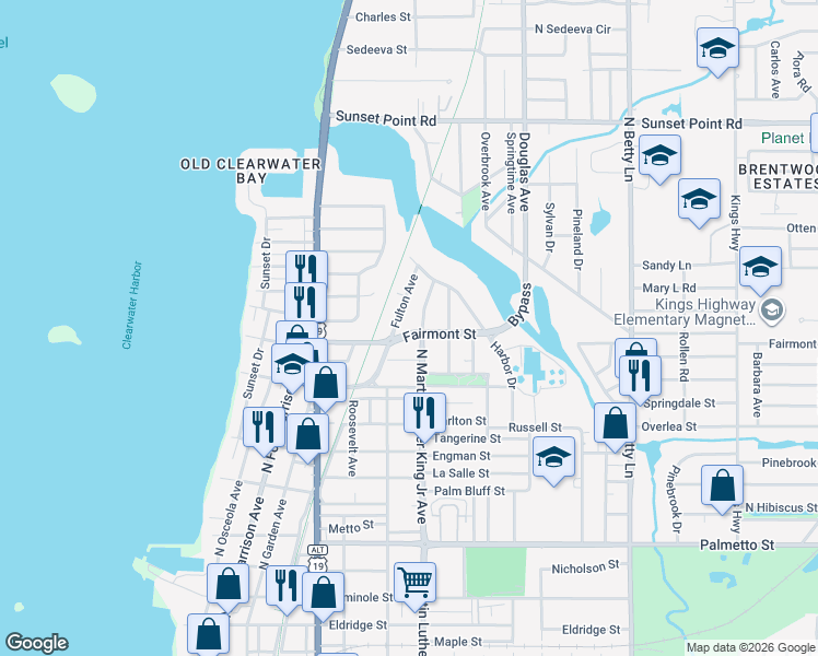 map of restaurants, bars, coffee shops, grocery stores, and more near 1010 Fairmont Street in Clearwater
