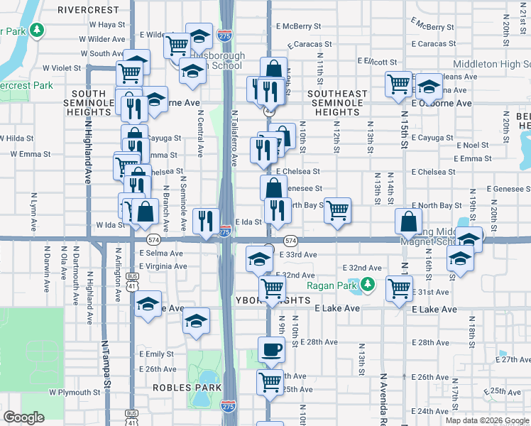 map of restaurants, bars, coffee shops, grocery stores, and more near 812 East Ida Street in Tampa