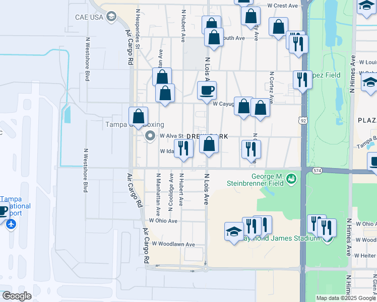 map of restaurants, bars, coffee shops, grocery stores, and more near 4419 North Hubert Avenue in Tampa