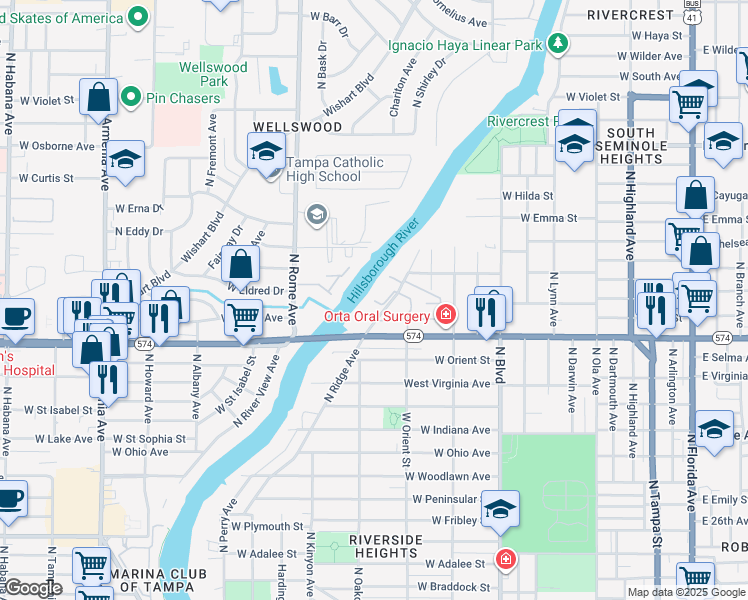 map of restaurants, bars, coffee shops, grocery stores, and more near 2711 West River Place in Tampa