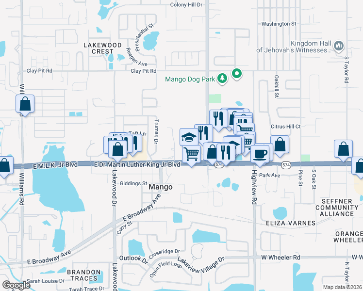 map of restaurants, bars, coffee shops, grocery stores, and more near 4014 Laura Street in Seffner