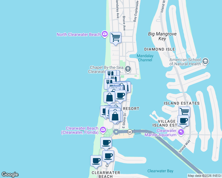 map of restaurants, bars, coffee shops, grocery stores, and more near 500 Mandalay Avenue in Clearwater