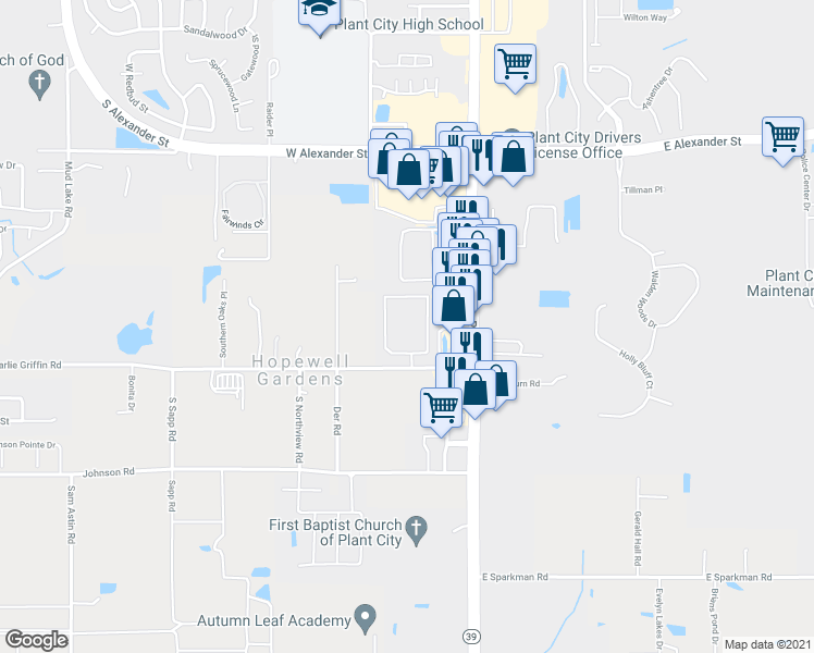 map of restaurants, bars, coffee shops, grocery stores, and more near 214 Park Spring Circle in Plant City