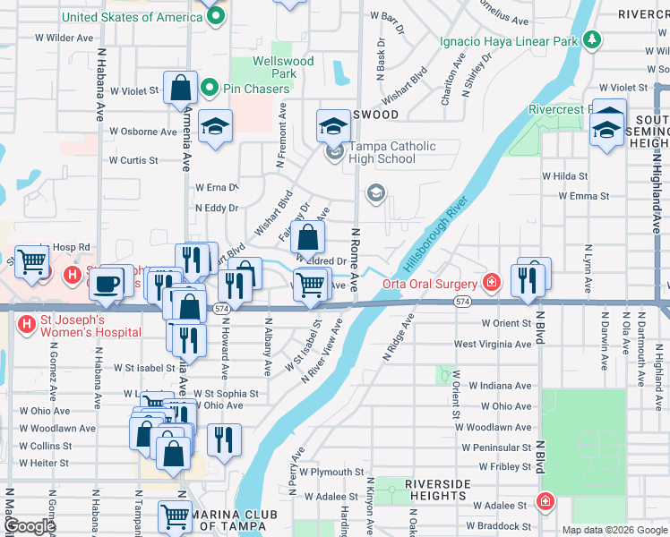 map of restaurants, bars, coffee shops, grocery stores, and more near 1707 West Ferris Avenue in Tampa