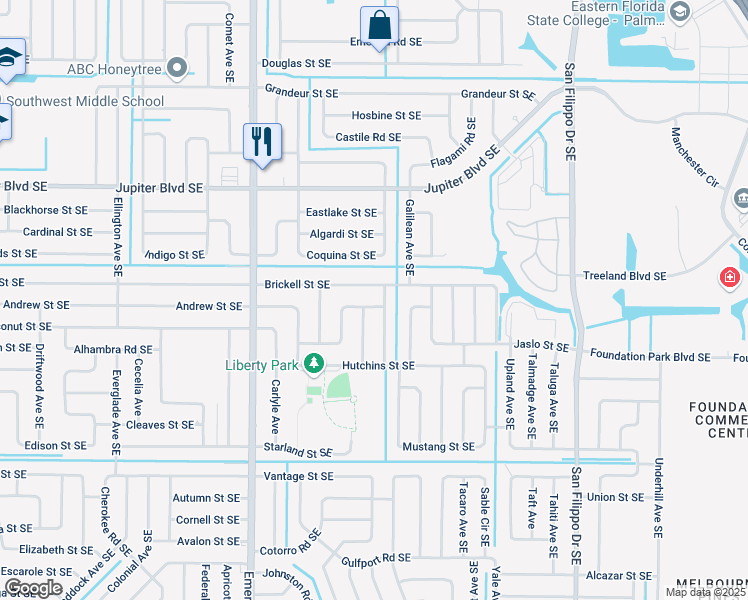 map of restaurants, bars, coffee shops, grocery stores, and more near 742 Alfonso Avenue Southeast in Palm Bay