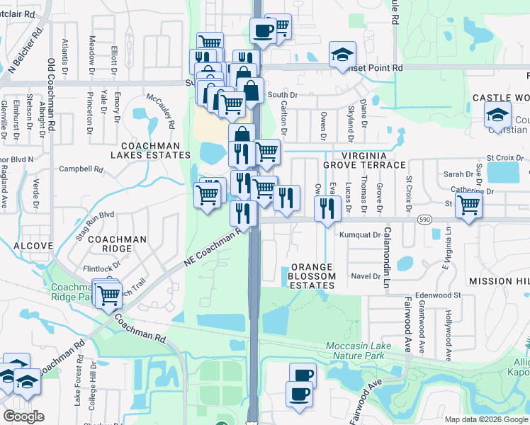 map of restaurants, bars, coffee shops, grocery stores, and more near 23025 Frontage Road in Clearwater