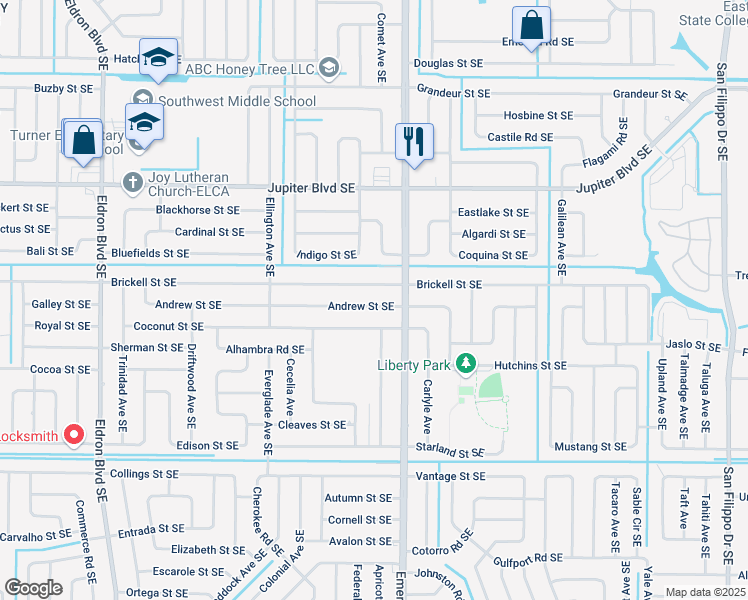 map of restaurants, bars, coffee shops, grocery stores, and more near 811 Andrew Street Southeast in Palm Bay