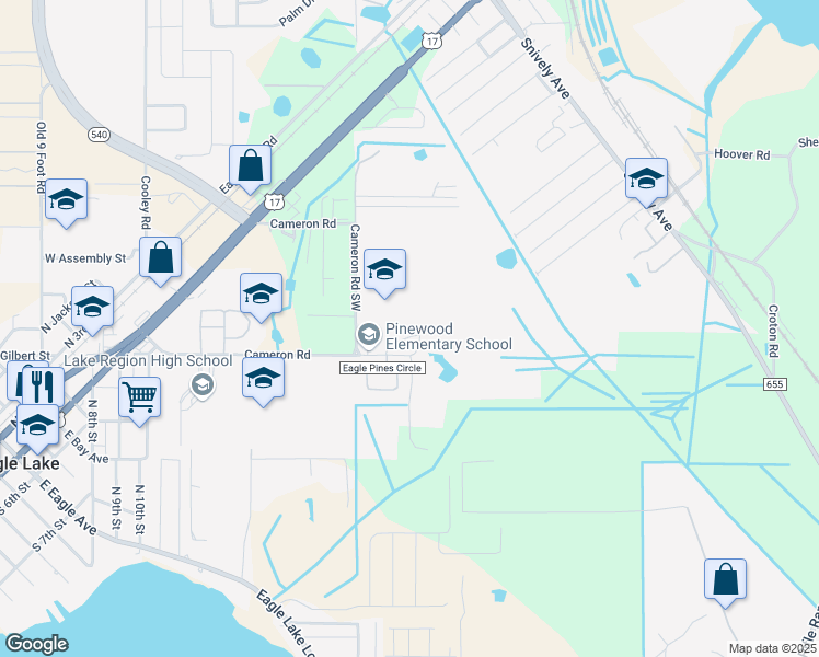 map of restaurants, bars, coffee shops, grocery stores, and more near 1400 Gilbert Street in Eagle Lake