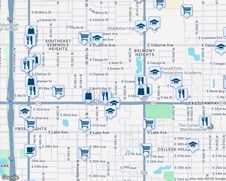 map of restaurants, bars, coffee shops, grocery stores, and more near 1904 East Ida Street in Tampa