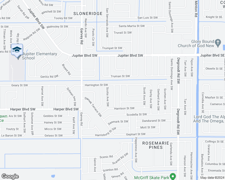 map of restaurants, bars, coffee shops, grocery stores, and more near 722 Hartford Avenue Southwest in Palm Bay